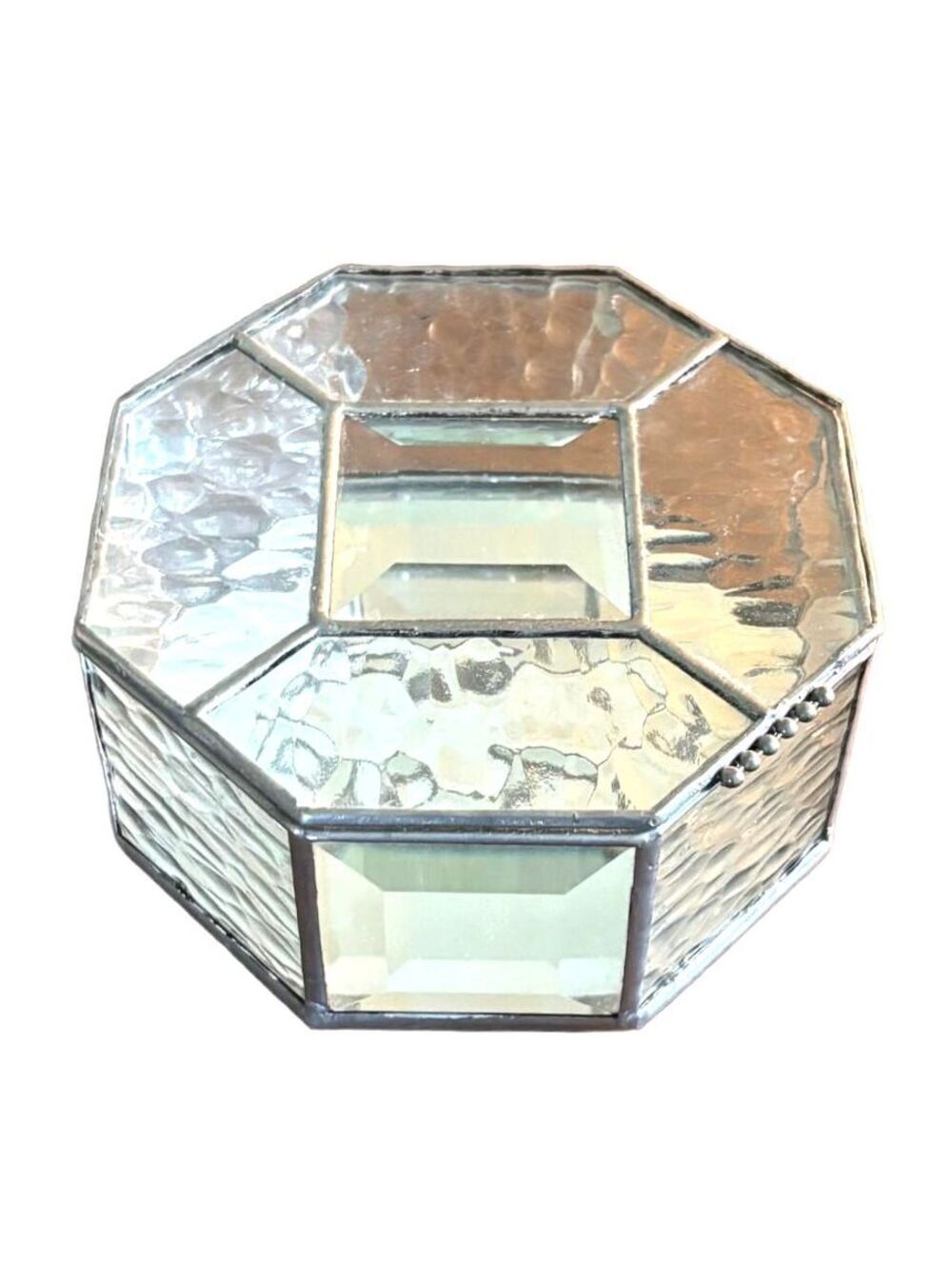 Vintage Octagon Stained Glass Jewelry Box Beveled Mirror Trinket Keepsake